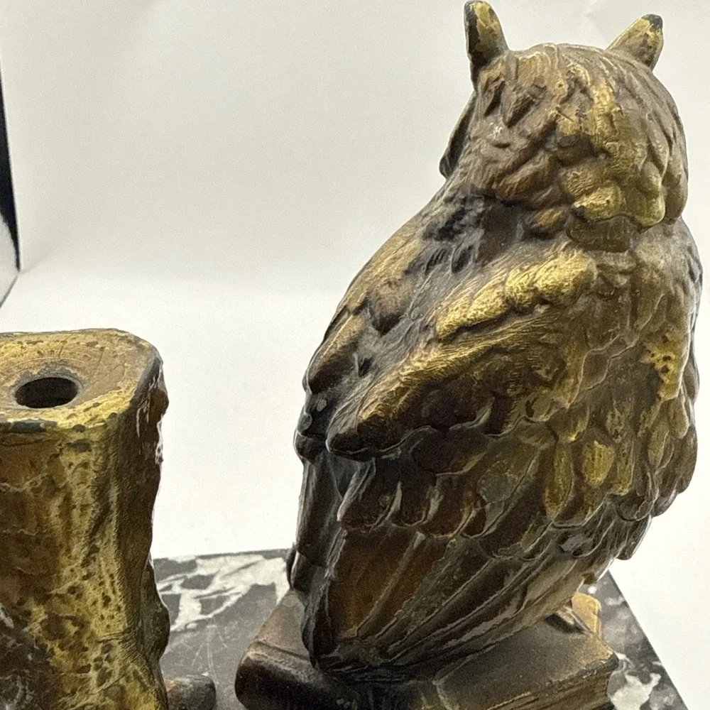Antique Vienna Cold Painted Bronze Marble Owl Table Lighter Bergman Style